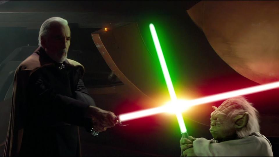Yoda shows off his lightsaber skills against his former student Count Dooku.
