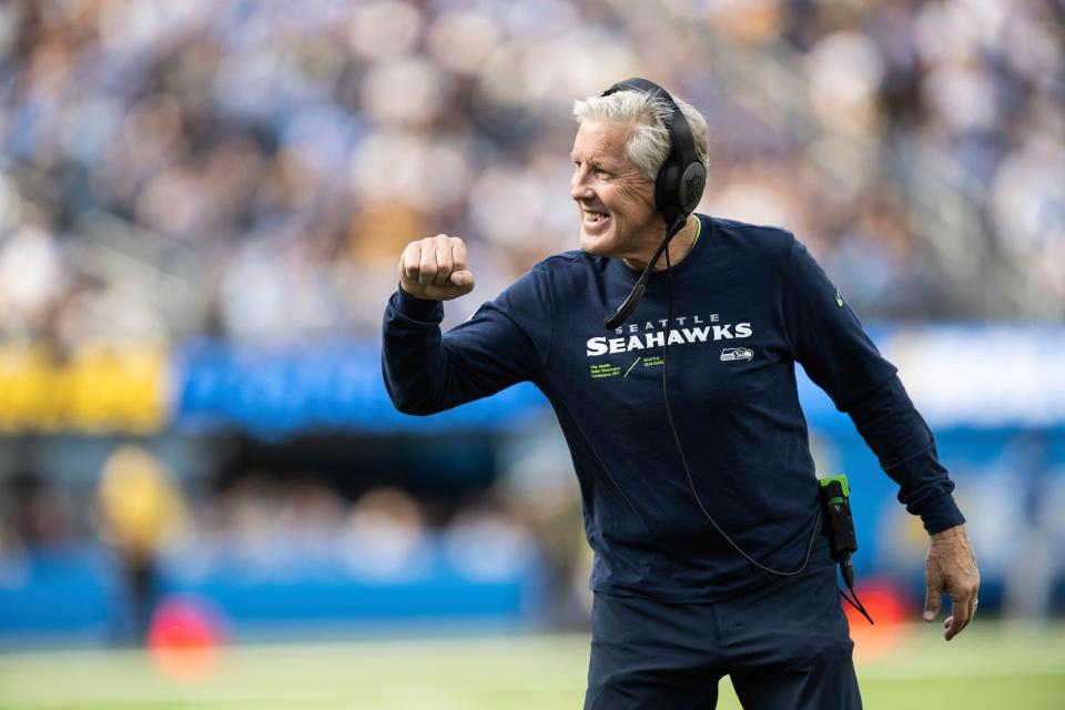 Seattle Seahawks head coach Pete Carroll reacts during an NFL football game against the Los Angeles Chargers, Sunday, Oct. 23, 2022, in Inglewood, Calif. (AP Photo/Kyusung Gong)