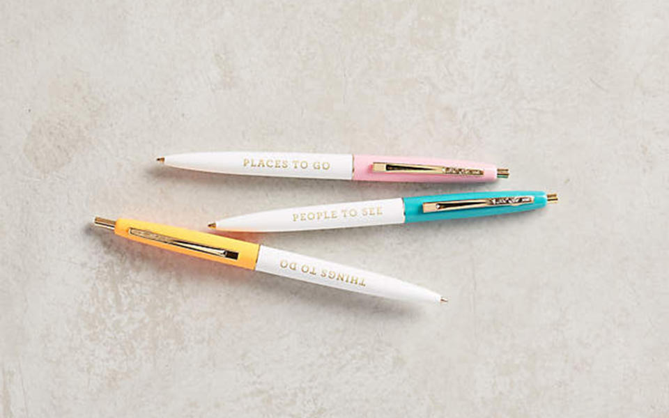 <p>Take note: Pastel-colored pens adorned with phrases like “places to go,” “people to see,” and “things to do” make itinerary planning all the more fun.</p> <p>To buy: <a rel="nofollow noopener" href="http://click.linksynergy.com/fs-bin/click?id=93xLBvPhAeE&subid=0&offerid=391008.1&type=10&tmpid=16681&RD_PARM1=https%3A%2F%2Fwww.anthropologie.com%2Fshop%2Fon-the-move-pens&u1=TLTRVGGValentinesDayGiftsCH1Jan17" target="_blank" data-ylk="slk:anthropologie.com;elm:context_link;itc:0;sec:content-canvas" class="link ">anthropologie.com</a>, $14 for a set of three</p>