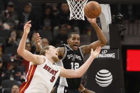 Dec 6, 2017; San Antonio, TX, USA; San Antonio Spurs power forward LaMarcus Aldridge (12) and Miami Heat center Kelly Olynyk (9) battle for a rebound during the second half at AT&T Center. Mandatory Credit: Soobum Im-USA TODAY Sports