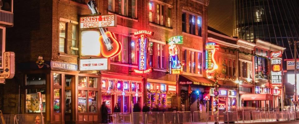 Nashville, Tennessee - December 5, 2017 : Bars and venues line Broadway in downtown Nashville.