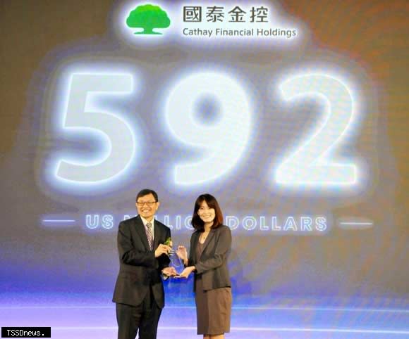 國泰金榮登台灣最佳國際品牌第8名。由產發署主秘林德生（左）頒獎，協理施君蘭（右）代表領獎。