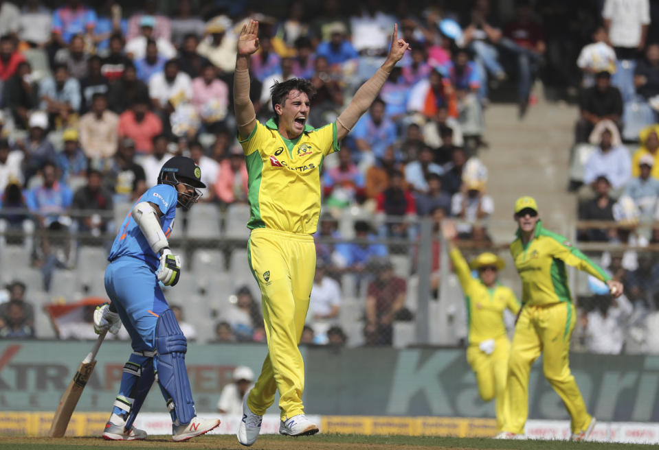 Australia's Pat Cummins appeals unsuccessfully for an LBW decision during the first one-day international cricket match between India and Australia in Mumbai, India, Tuesday, Jan. 14, 2020. (AP Photo/Rafiq Maqbool)