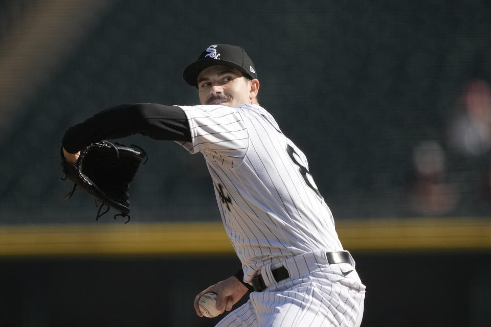 Chicago White Sox starting pitcher Dylan Cease throws during the first inning in the first baseball game of a doubleheader against the Kansas City Royals Tuesday, Sept. 12, 2023, in Chicago. (AP Photo/Charles Rex Arbogast)