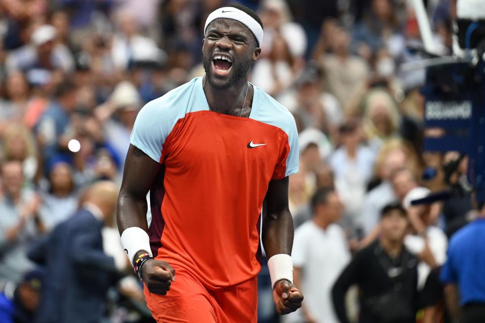 Frances Tiafoe (USA) celebrates winning his quarter final match at the US Open