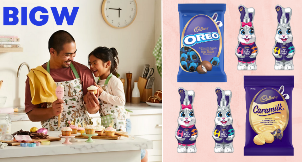 At left, a man ices cupcakes with a laughing female child in a kitchen with the Big W logo. Montage of BIG W products at right, including Oreo eggs, bunnines and caramilk eggs.
