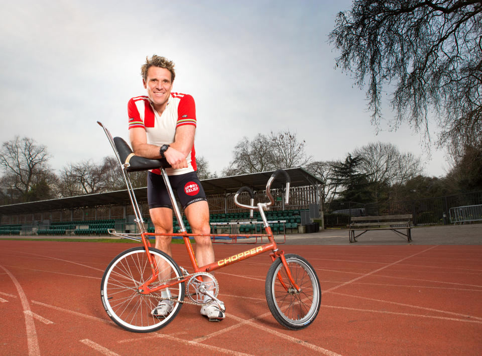 James Cracknell poses with a chopper bicycle as he promotes his cycling challenge, The Great Sport Relief Bike Off, for sport relief 2016 in London, England.