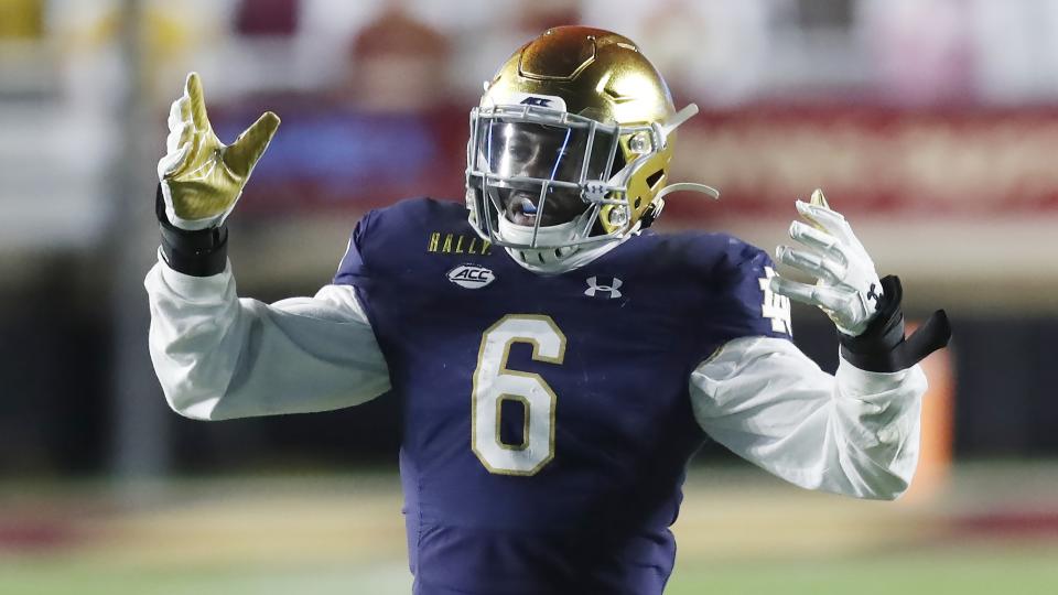 Notre Dame linebacker Jeremiah Owusu-Koramoah handled a lot of roles for the Irish. (AP Photo/Michael Dwyer)