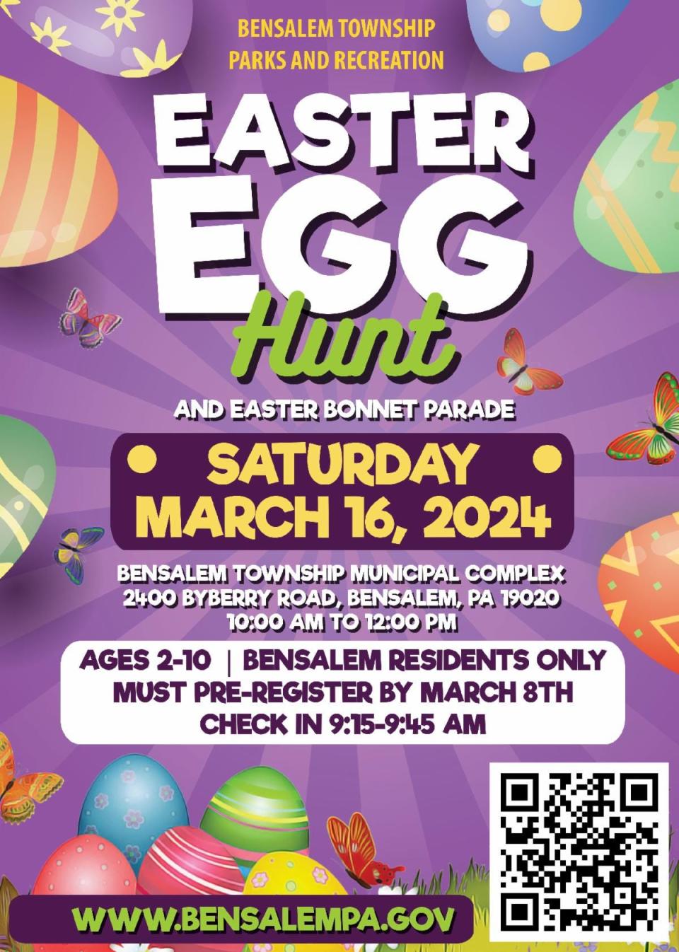 Benalem Department of Parks and Recreation will host an Easter-Egg Hunt and Easter Bonnet Parade on Saturday, March 16, at the Bensalem Municipal Complex.