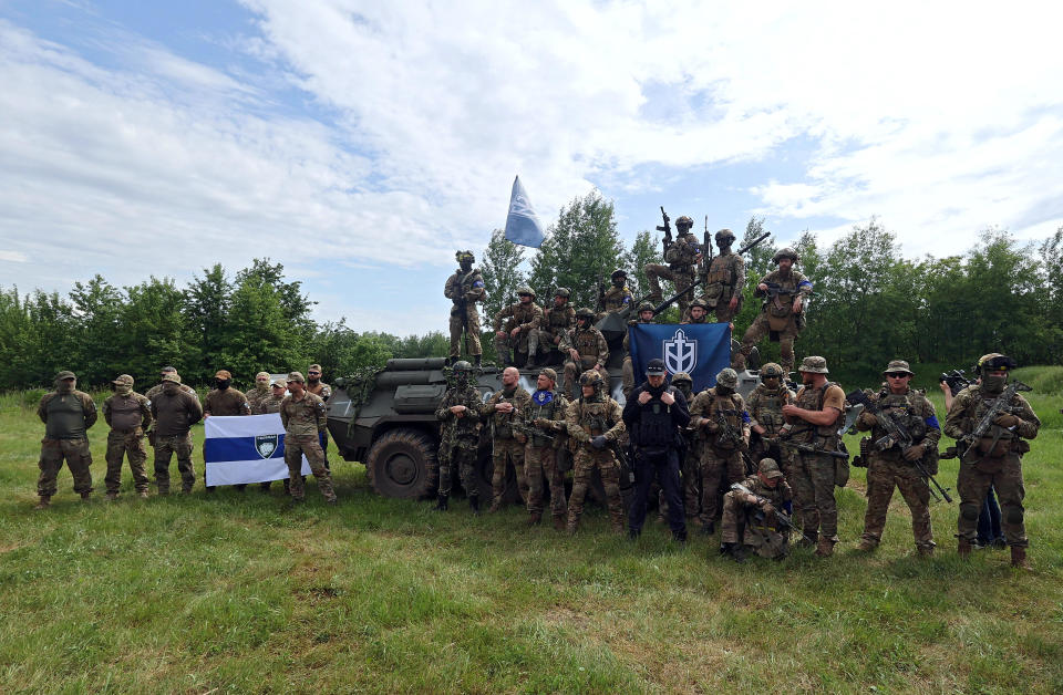Representatives of the Free Russia Legion and the Russian Volunteer Corps (RDK) hold a briefing near the border in northern Ukraine, May 24, 2023. / Credit: NurPhoto/Getty