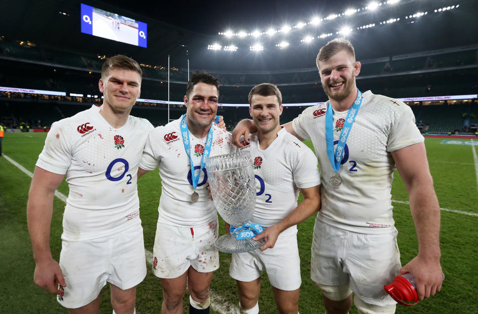 LONDON, ENGLAND - NOVEMBER 29:  (L-R) Owen Farrell of England, Brad Barritt of England, Richard Wigglesworth of England and George Kruis of England celebrate after winning the QBE international match between England and Australia at Twickenham Stadium on November 29, 2014 in London, England.  (Photo by David Rogers - RFU/The RFU Collection via Getty Imagesges)