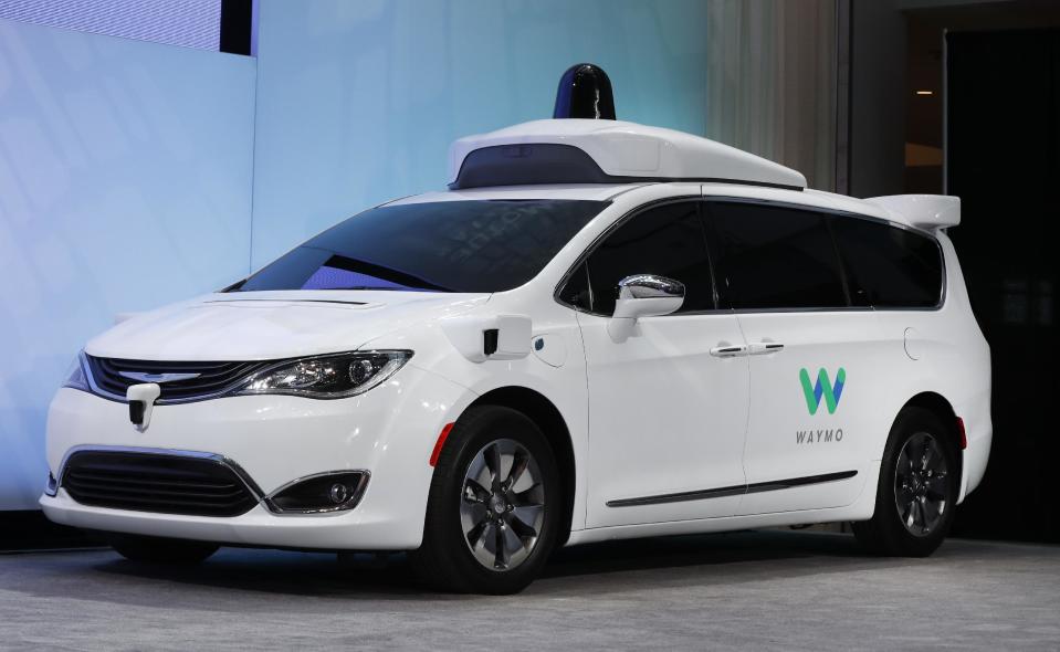 A Chrysler Pacifica hybrid outfitted with Waymo's suite of sensors and radar is shown at the North American International Auto Show in Detroit, Sunday, Jan. 8, 2017. Waymo is the autonomous vehicle company created by Google's parent company, Alphabet. (AP Photo/Paul Sancya)