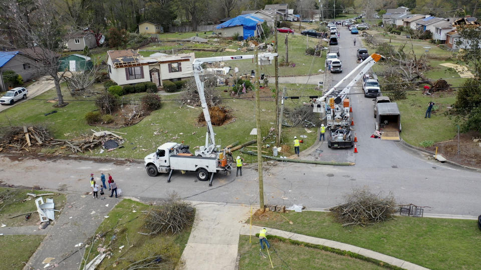 Drone images show a line of destruction along Willow Bend Road following a day of extended severe weather, Friday, March 26, 2021, in Pelham, Ala. (AP Photo/Vasha Hunt)