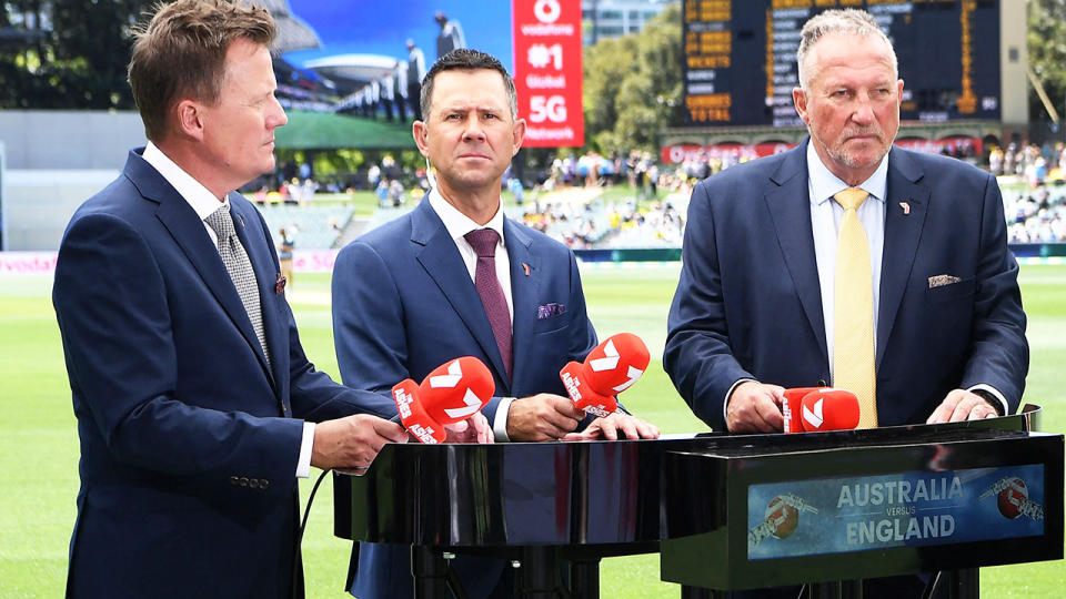 Ian Botham, pictured here alongside James Brayshaw and Ricky Ponting during the second Ashes Test in Adelaide. 