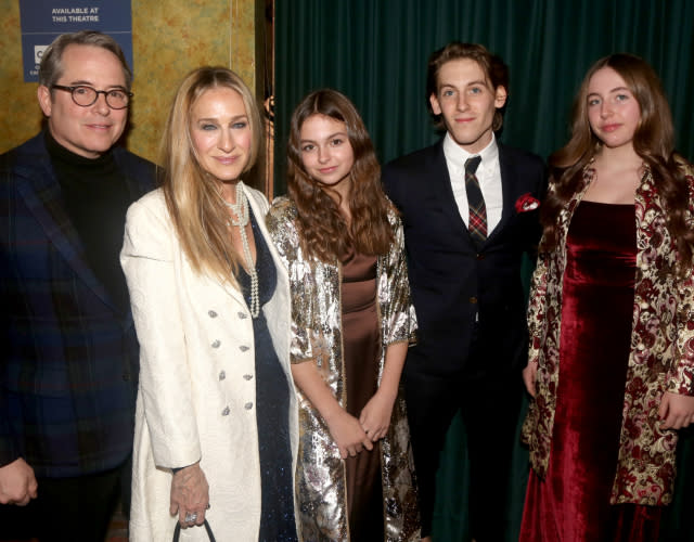 NEW YORK, NEW YORK – DECEMBER 11: (L-R) Matthew Broderick, Sarah Jessica Parker, Tabitha Hodge Broderick, James Wilkie Broderick, and Marion Loretta Elwell Broderick pose at the opening night of the new musical “Some Like It Hot!” on Broadway at The Shubert Theatre on December 11, 2022 in New York City. <em>Photo by Bruce Glikas/WireImage.</em>