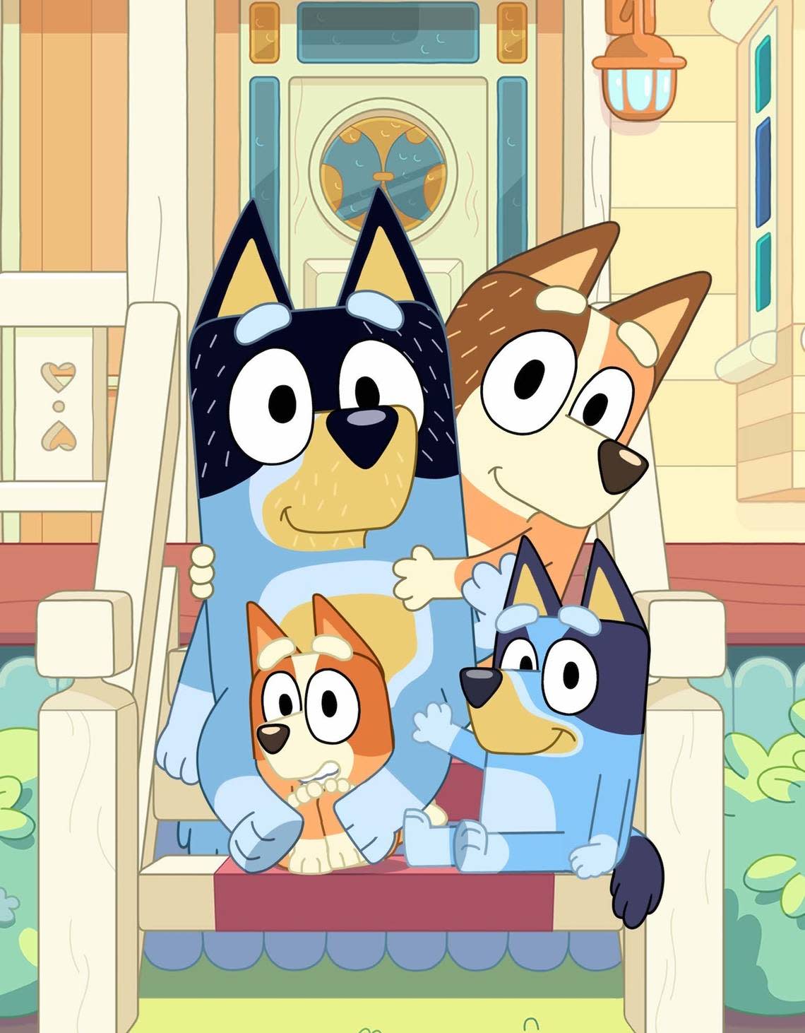 Clockwise from top, Dad (BANDIT), Mum (CHILLI), Bluey and Bingo (BLUEY’S SISTER). The voice actors for Bluey’s dad and mom will be at Lexington ComicCon this weekend.