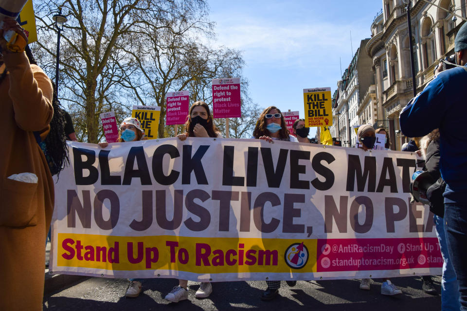 LONDON, UNITED KINGDOM - 2021/04/17: Protesters hold a Black Lives Matter banner and placards during the Kill The Bill demonstration.
Crowds once again marched in protest against the Police, Crime, Sentencing and Courts Bill. (Photo by Vuk Valcic/SOPA Images/LightRocket via Getty Images)