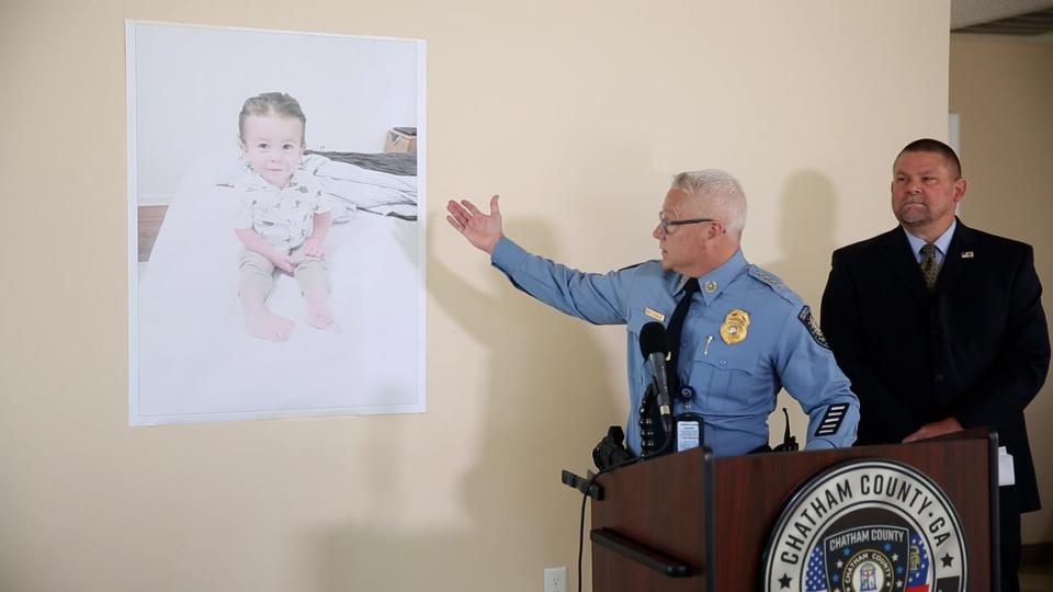 Chatham County Police Chief Jeff Hadley points to a photo of Quinton Simon that investigators placed on the wall at the L. Scott Stell Park Community Center, which is being used as a command center as they search for the remains of Quinton Simon in a Waste Management landfill near the park.