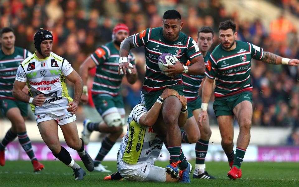 Manu Tuilagi of Leicester Tigers breaks through the Calvisano defence during the European Rugby Challenge Cup Round 3 match between Leicester Tigers and Calvisano Rugby at Welford Road Stadium on December 07, 2019 in Leicester, England. - GETTY IMAGES