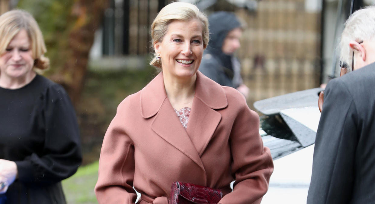 The Countess of Wessex looks sensational in blush ensemble to the opening of a new London ballet school. (Getty)