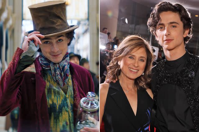 <p>Warner Bros./Courtesy Everett Collection; Trae Patton/NBCU Photo Bank/NBCUniversal via Getty</p> Timothée Chalamet in 'Wonka' ; Chalamet and his mother