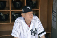 FILE - In this Sunday, June 17, 2018, file photo, New York Yankees' Don Larsen sits in the dugout before the Yankees' Old-Timers' Day baseball game at Yankee Stadium in New York. Larsen, the journeyman pitcher who reached the heights of baseball glory in 1956 for the Yankees when he threw a perfect game and only no-hitter in World Series history, died Wednesday, Jan. 1, 2020. He was 90. (AP Photo/Bill Kostroun, File)