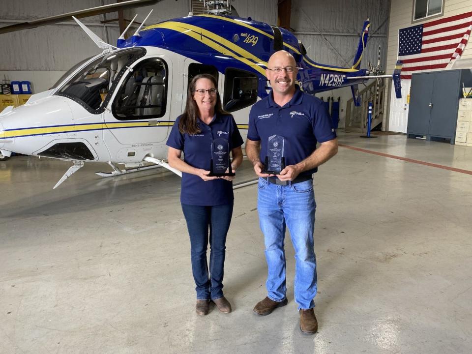 Wendy Greer and Ryan Kelley became the first HALO-Flight educators to receive the statewide EMS instructor award on Nov. 24, 2021.