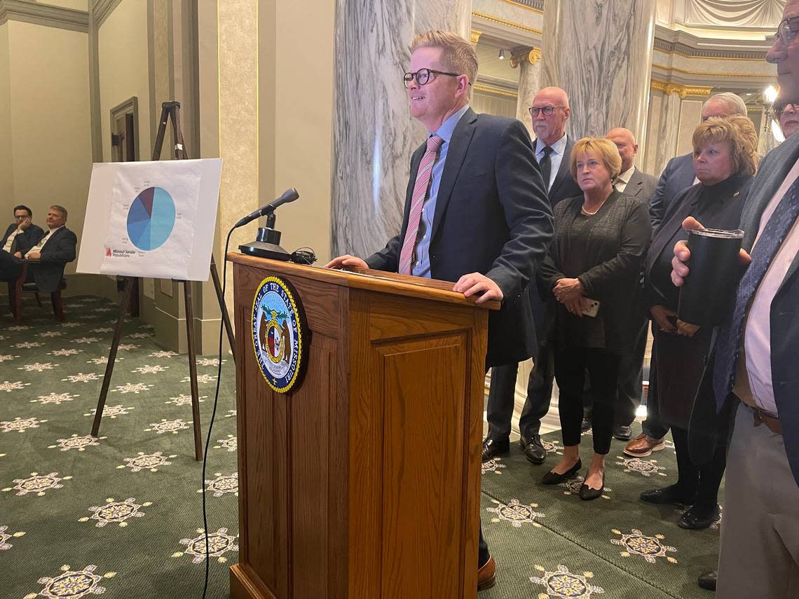 Missouri Senate President Pro Tem Caleb Rowden, a Columbia Republican, speaks with reporters on Jan. 25, 2024 next to a chart that shows the amount of floor time chewed up by members of the hard-right Missouri Freedom Caucus. Kacen Bayless/kbayless@kcstar.com