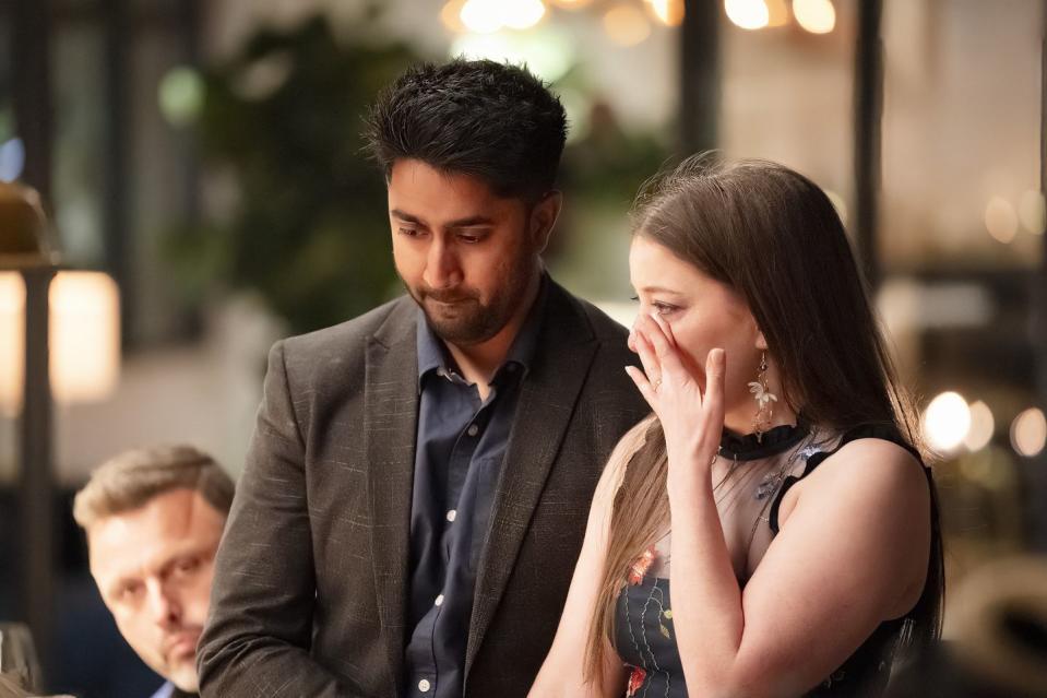 natalie and collins look upset as they attend a dinner party on married at first sight australia