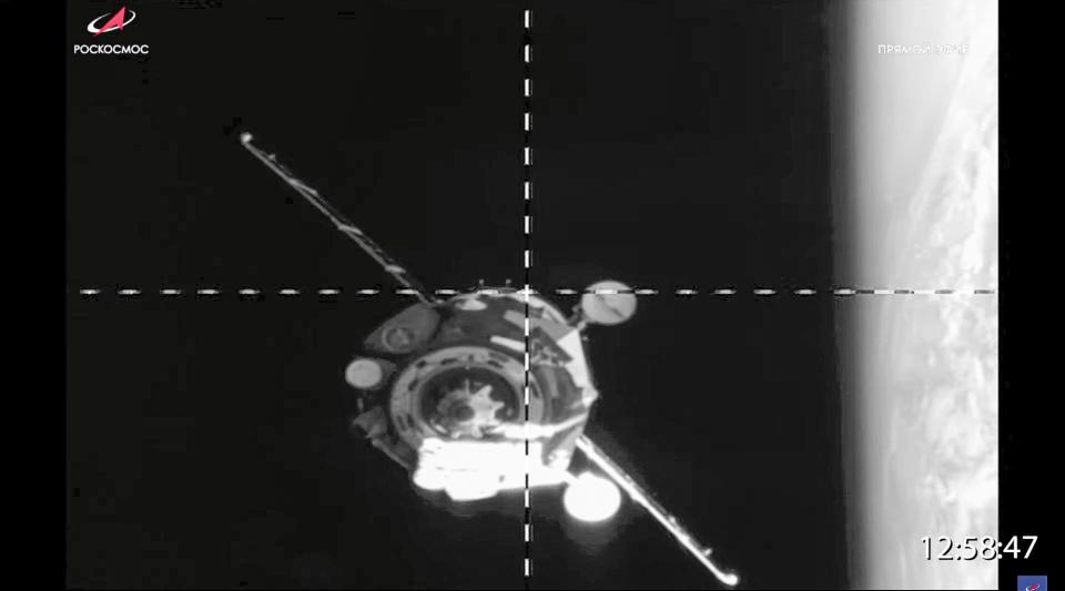 In this handout photo released by Roscosmos State Space Corporation, The uncrewed Soyuz MS-22 spacecraft undocks from the International Space Station before heading back to Earth on Tuesday, March 28, 2023. (Roscosmos State Space Corporation via AP)