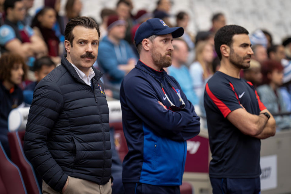 Jason Sudeikis, Brendan Hunt and Brett Goldstein in Ted Lasso S3. (Apple TV+)