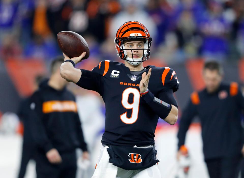 Jan 2, 2023; Cincinnati, Ohio, USA; Cincinnati Bengals quarterback Joe Burrow (9) warms up before the game against the Buffalo Bills at Paycor Stadium. Mandatory Credit: Joseph Maiorana-USA TODAY Sports