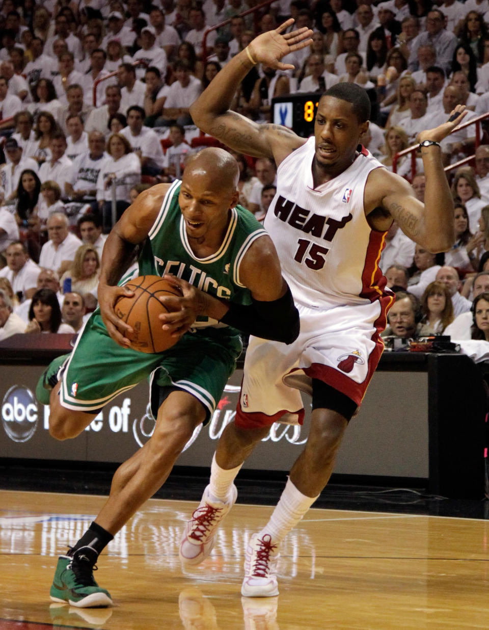 MIAMI, FL - JUNE 09: Ray Allen #20 of the Boston Celtics drives on Mario Chalmers #15 of the Miami Heat in the first quarter in Game Seven of the Eastern Conference Finals in the 2012 NBA Playoffs on June 9, 2012 at American Airlines Arena in Miami, Florida. (Photo by Mike Ehrmann/Getty Images)