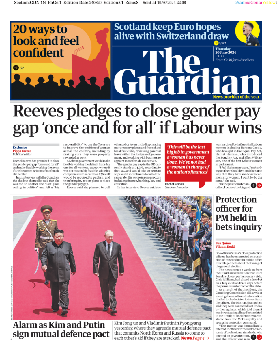 The front page of the Guardian, whose headline reads "Reeves pledges to close gender pay gap 'once and for all' if Labour wins"