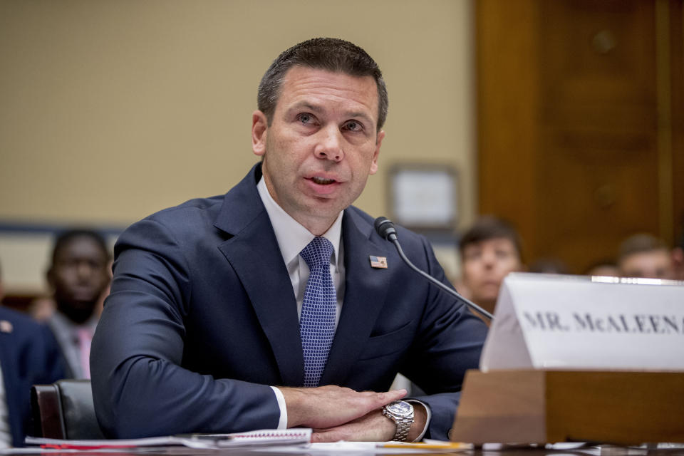 Acting Secretary of Homeland Security Kevin McAleenan speaks at a House Committee on Oversight and Reform hearing on Capitol Hill in Washington, Thursday, July 18, 2019. (AP Photo/Andrew Harnik)