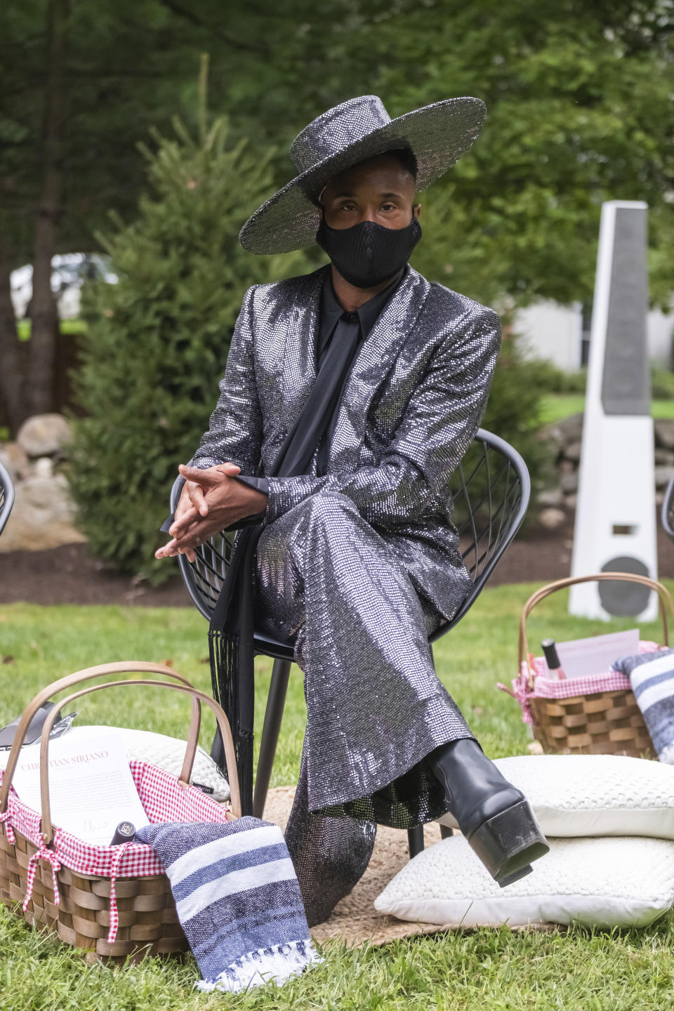 Billy Porter attends the Christian Siriano fashion show held at Christian's home as part of New York Fashion Week on Thursday, Sept. 17, 2020, in Westport, Conn. (Photo by Charles Sykes/Invision/AP)