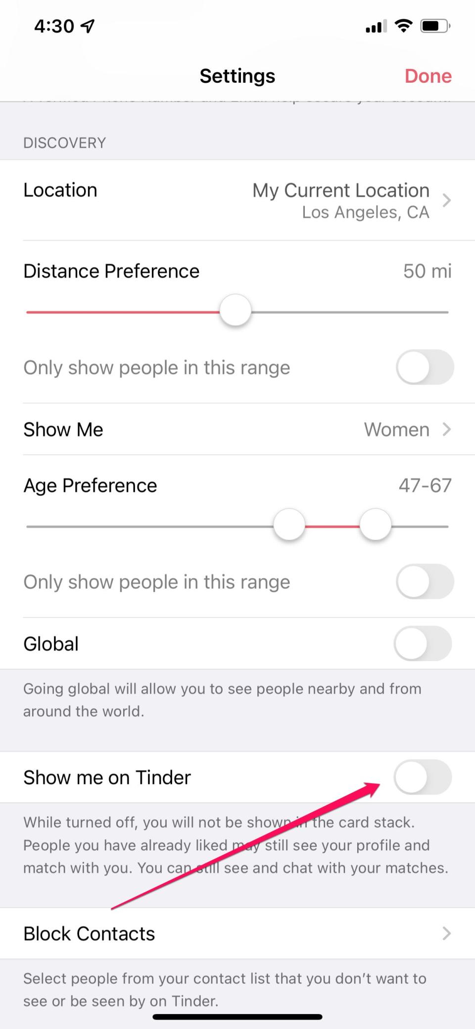 Tinder app's settings in iOS.