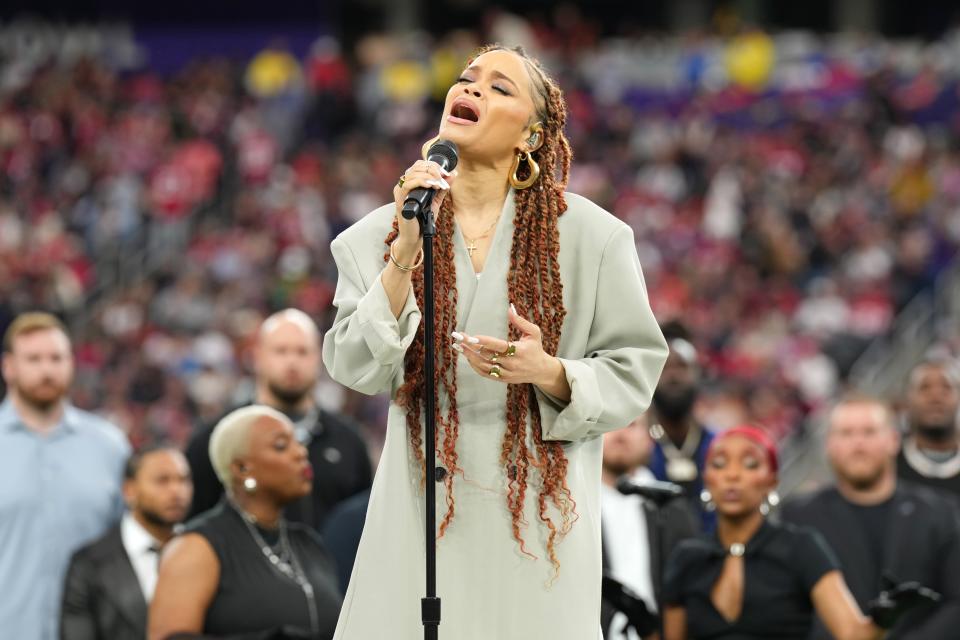 Recording artist Andra Day sings Lift Every Voice and Sing before Super Bowl LVIII between the San Francisco 49ers and the Kansas City Chiefs at Allegiant Stadium.