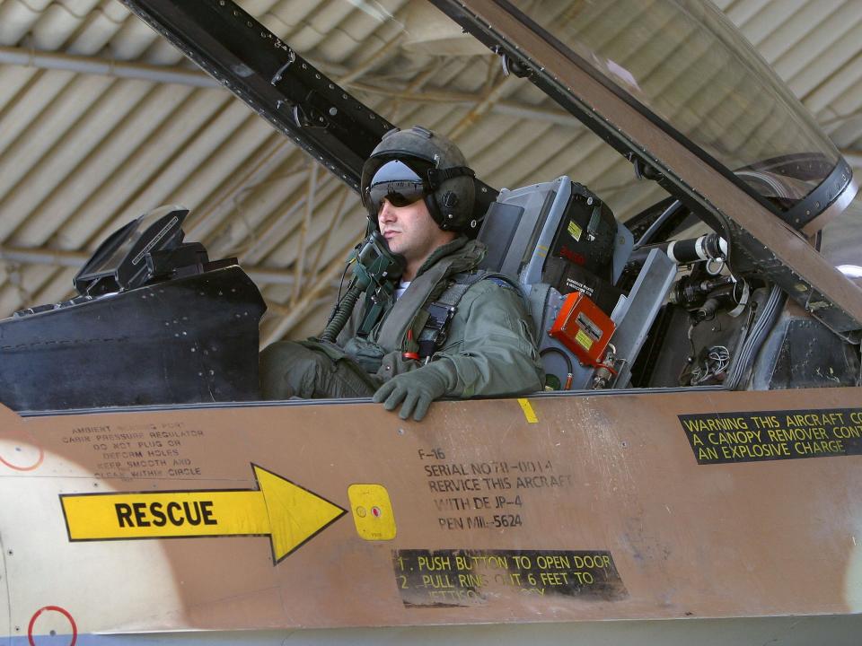An Israeli Air Force pilot in the cockpit of an F-16