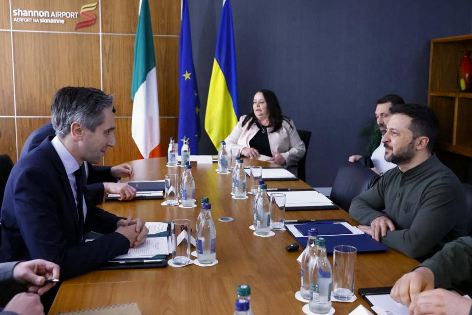 Taoiseach Simon Harris and Ukrainian President Volodymyr Zelensky during a bilateral meeting at Shannon Airport (Clodagh Kilcoyne/PA) (PA Wire)