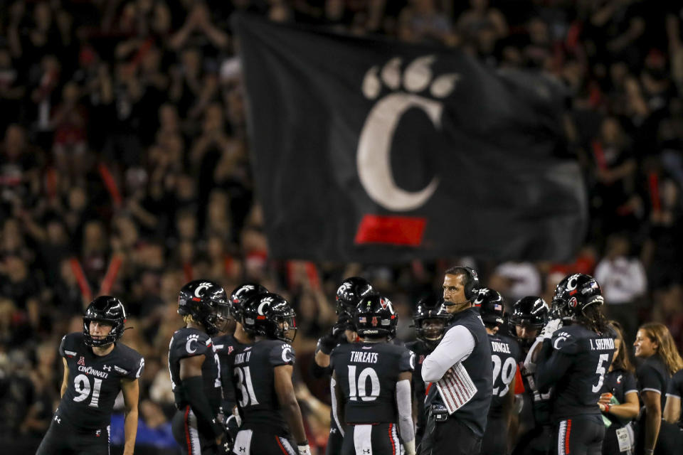 Oct 8, 2021; Cincinnati, Ohio, USA; Cincinnati Bearcats head coach Luke Fickell during a timeout in the second half against the Temple Owls at Nippert Stadium. Mandatory Credit: Katie Stratman-USA TODAY Sports