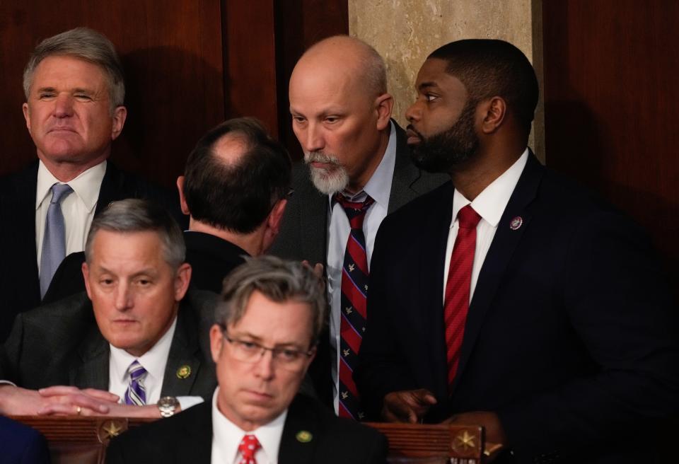 Jan 6, 2023; Washington, DC, USA; Rep. Chip Roy, R-Texas, and Rep. Byron Donalds, R-Fla., during the House of Representatives session Friday, Jan. 6, 2023, trying to elect a Speaker of the House. Mandatory Credit: Jack Gruber-USA TODAY
