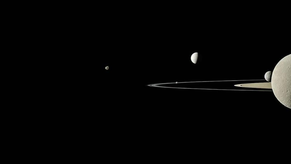 On July 29, 2011, Cassini captured five of Saturn’s moons in a single frame.