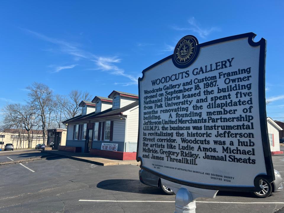 The historical marker on Jefferson Street honors the legacy of Woodcuts Gallery and framing, a longtime business owned by Nashville native Nathaniel Harris, on Tuesday, Feb. 6, 2024, in Nashville, Tenn.