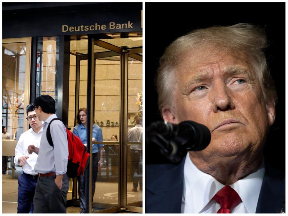 This side-by-side composite shows the facade of Deutsche Bank in New York, left, and former President Donald Trump at a rally in Minden, Nev., Saturday, Oct. 8, 2022.