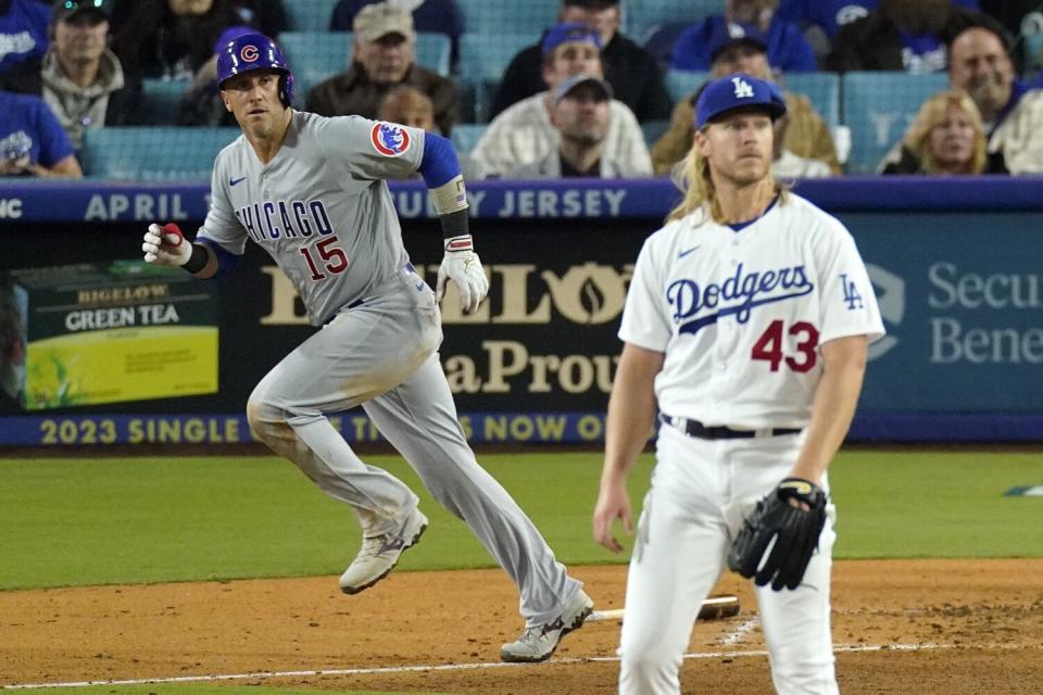 The Chicago Cubs' Yan Gomes homers off Dodgers pitcher Noah Syndergaard on April 14 at Dodger Stadium.