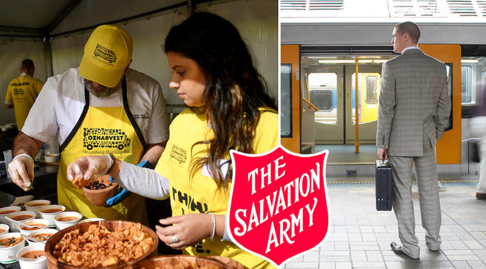 Composite image of two Oz Harvest charity workers and a man in a suit waiting to catch a train, and the Salvation Army logo inset