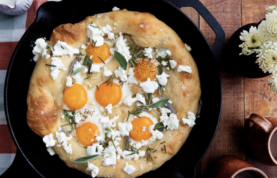 Sunny Side Up Egg Pizza with Goat Cheese and Herbs