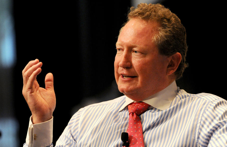 Mining billionaire Andrew "Twiggy" Forrest speaks during a business luncheon in Sydney on April 17, 2012.  Forrest, founder and Chairman of Fortescue Metals Group and the Australian Children's Trust, graduated in economics and politics before building a distinguished career in investment banking, mining and farming, creating some of the largest raw material exporters in the world.  AFP PHOTO/William WEST (Photo credit should read WILLIAM WEST/AFP via Getty Images)