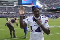 Buffalo Bills' Stefon Diggs waves to fans as he leaves the field following an NFL preseason football game against the Chicago Bears, Saturday, Aug. 26, 2023, in Chicago. (AP Photo/Charles Rex Arbogast)